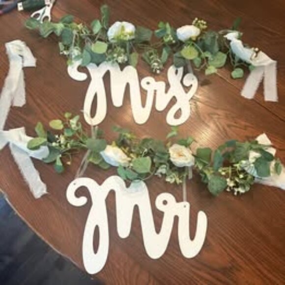 Mr & Mrs Sweetheart Table Wedding Chair Decor with Faux Greenery & Flowers - Picture 1 of 4